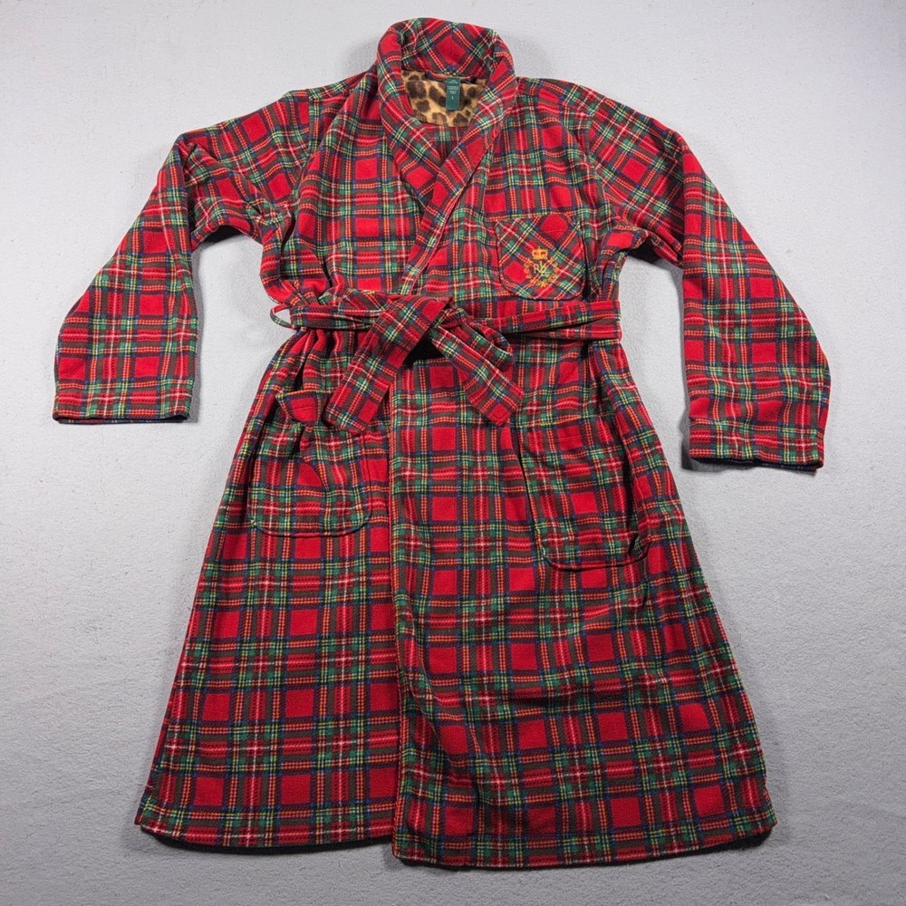 Lauren Ralph Lauren Plaid Robe Women Large Relaxed Red Tartan Fleece Cozy Lounge